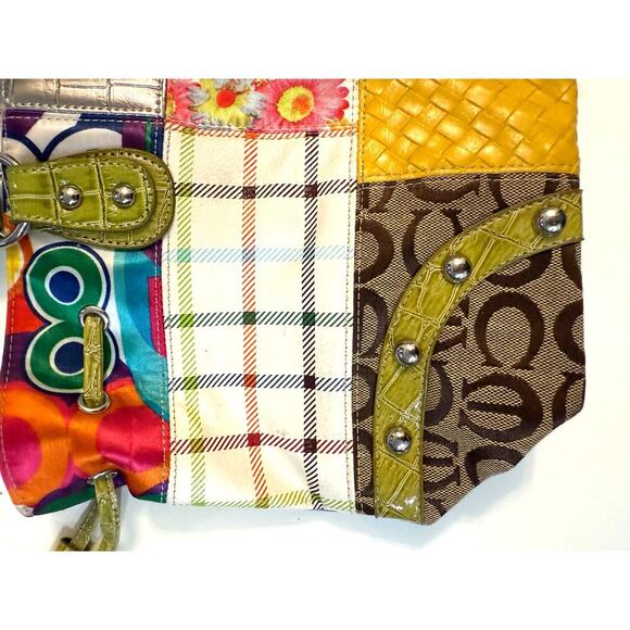 Y2K Multicolor Patchwork Purse Rhinestone Buckle Bag Croc Trim Retro Tote Boho - Picture 3 of 7